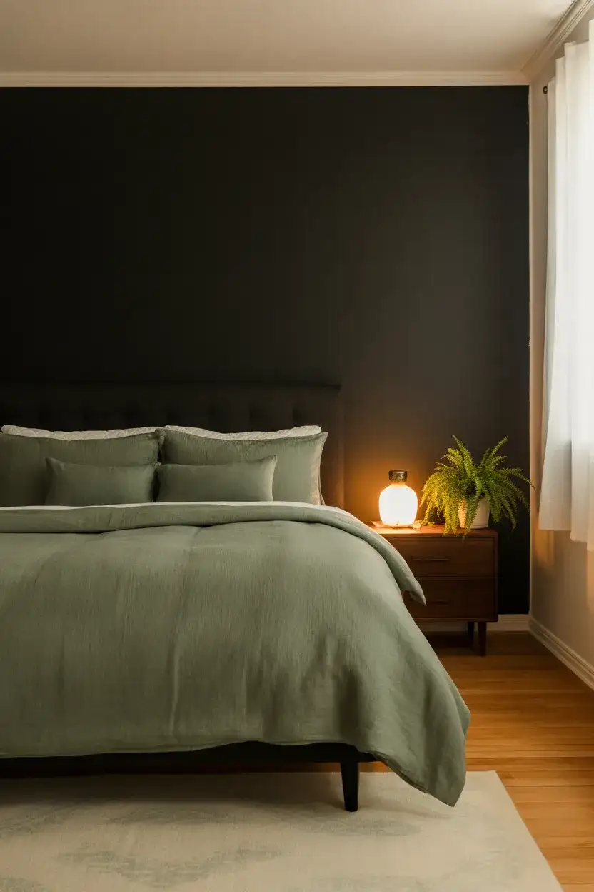 Black Accent Wall With Green Bedding 2