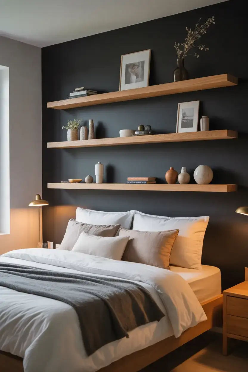 Black Bedroom Wall With Integrated Shelving 1