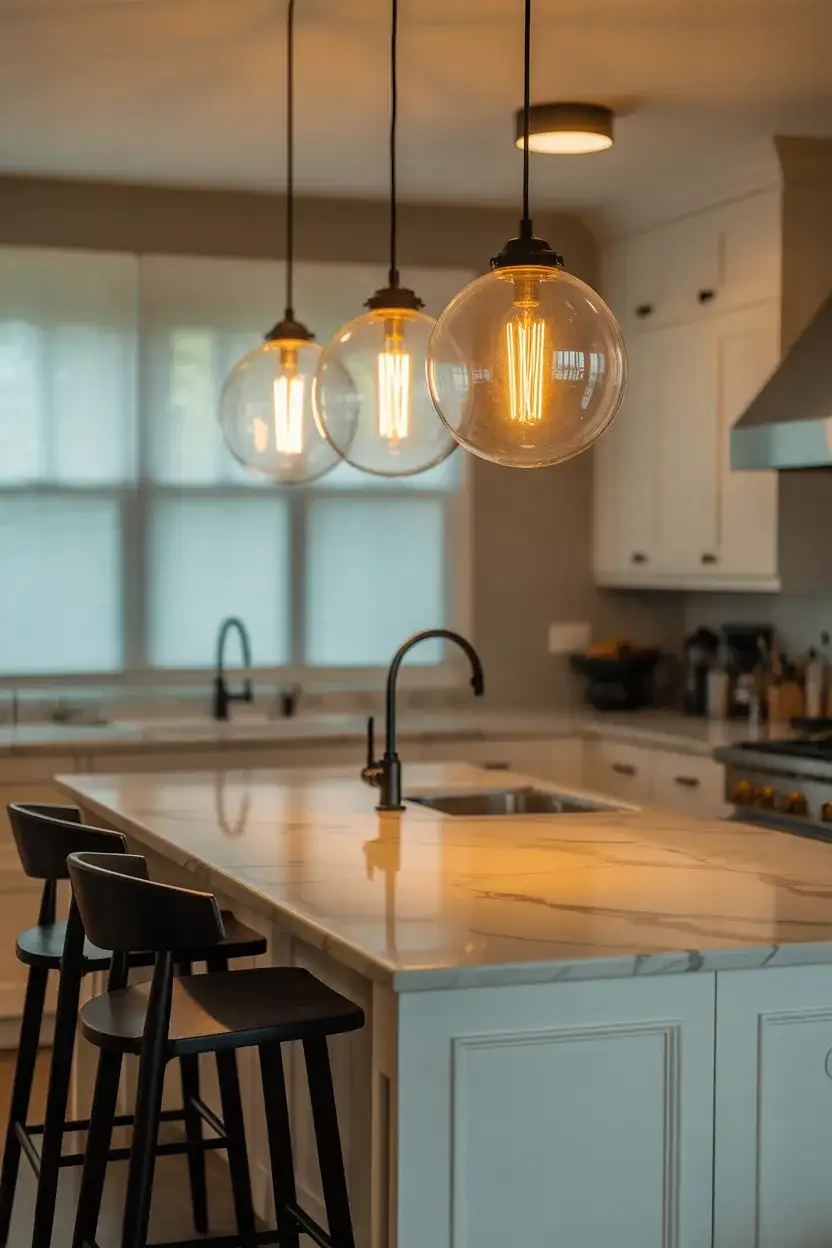 Black and White Kitchen with Statement Pendant Lights 1