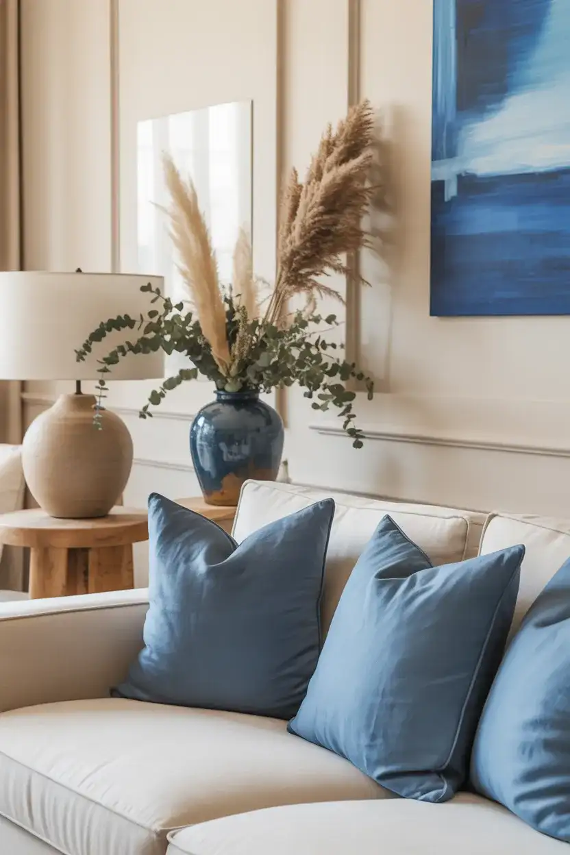Blue Accent Decor in a Neutral Living Room 1