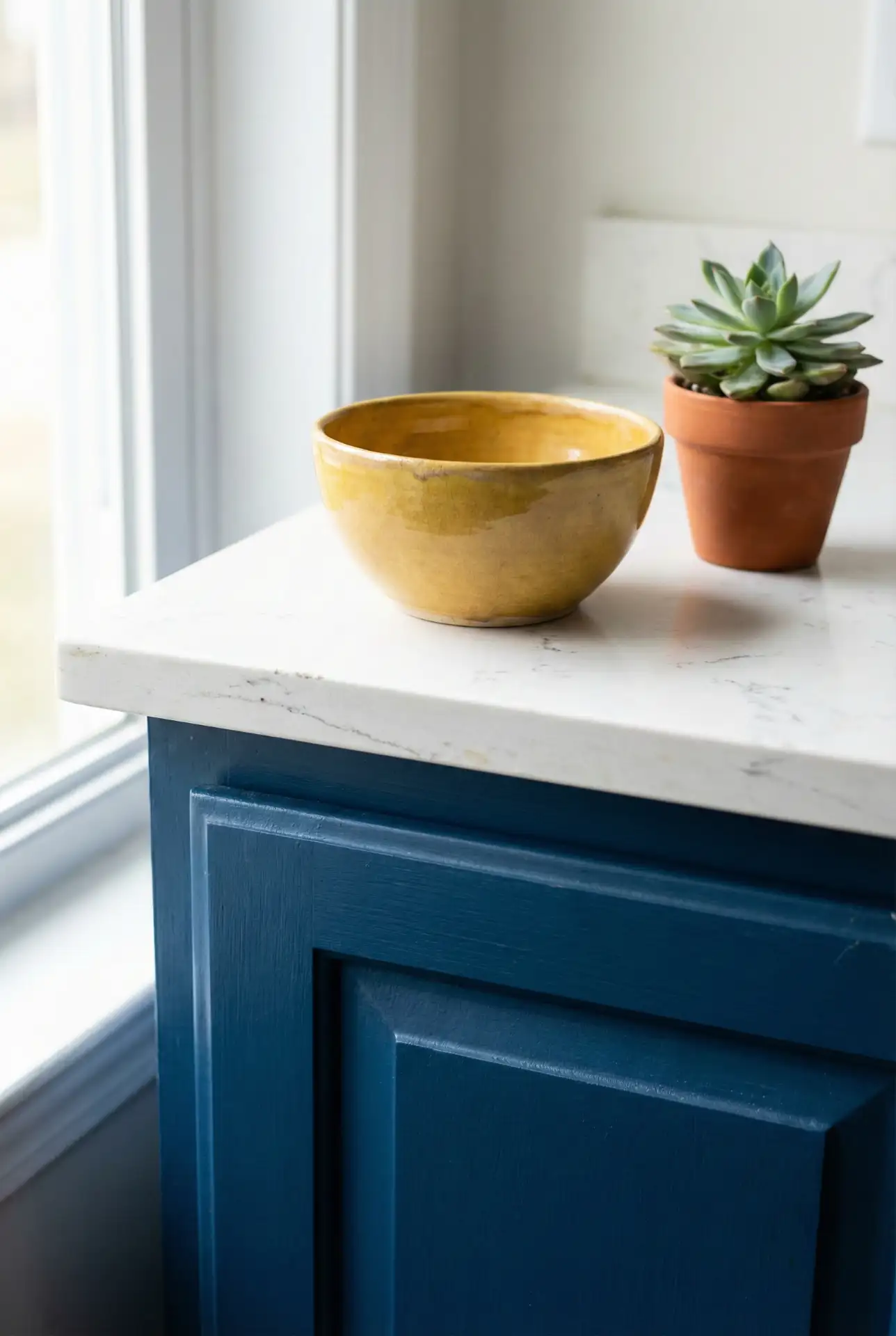 Blue Cabinets with Yellow and White Accents 2