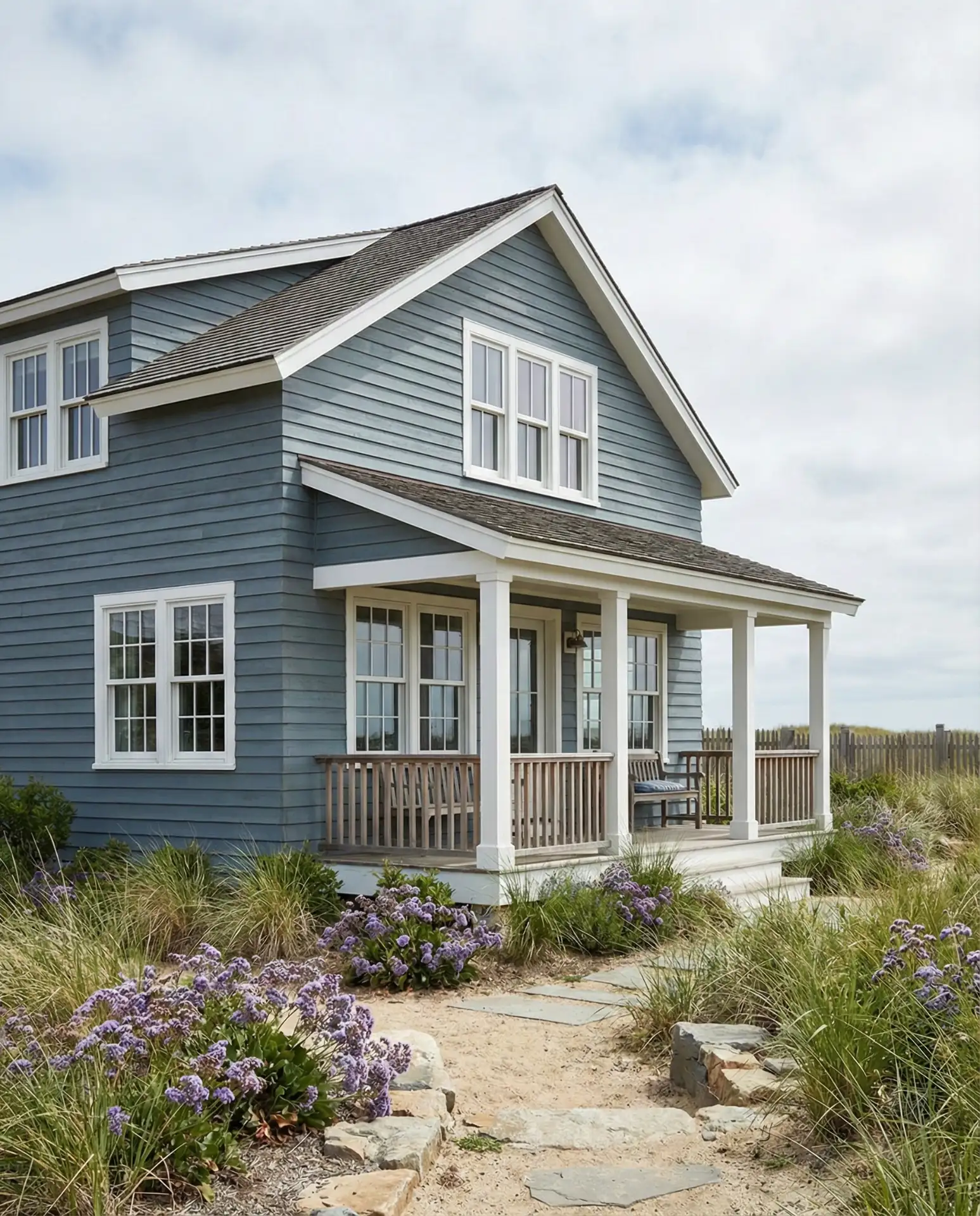 Blue-Gray Farmhouse with White Windows 1