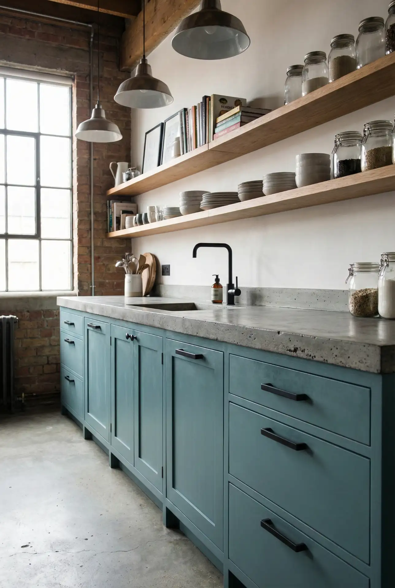Blue-Green Cabinets with Concrete Countertops 1