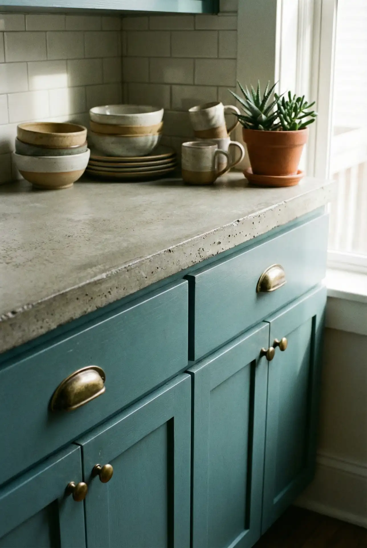 Blue-Green Cabinets with Concrete Countertops 2
