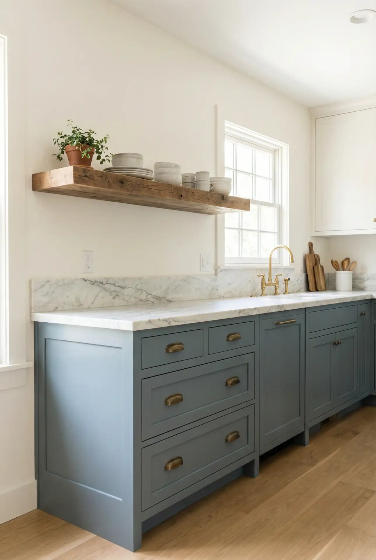 Blue-Grey Cabinets with Marble and Wood Accents 1