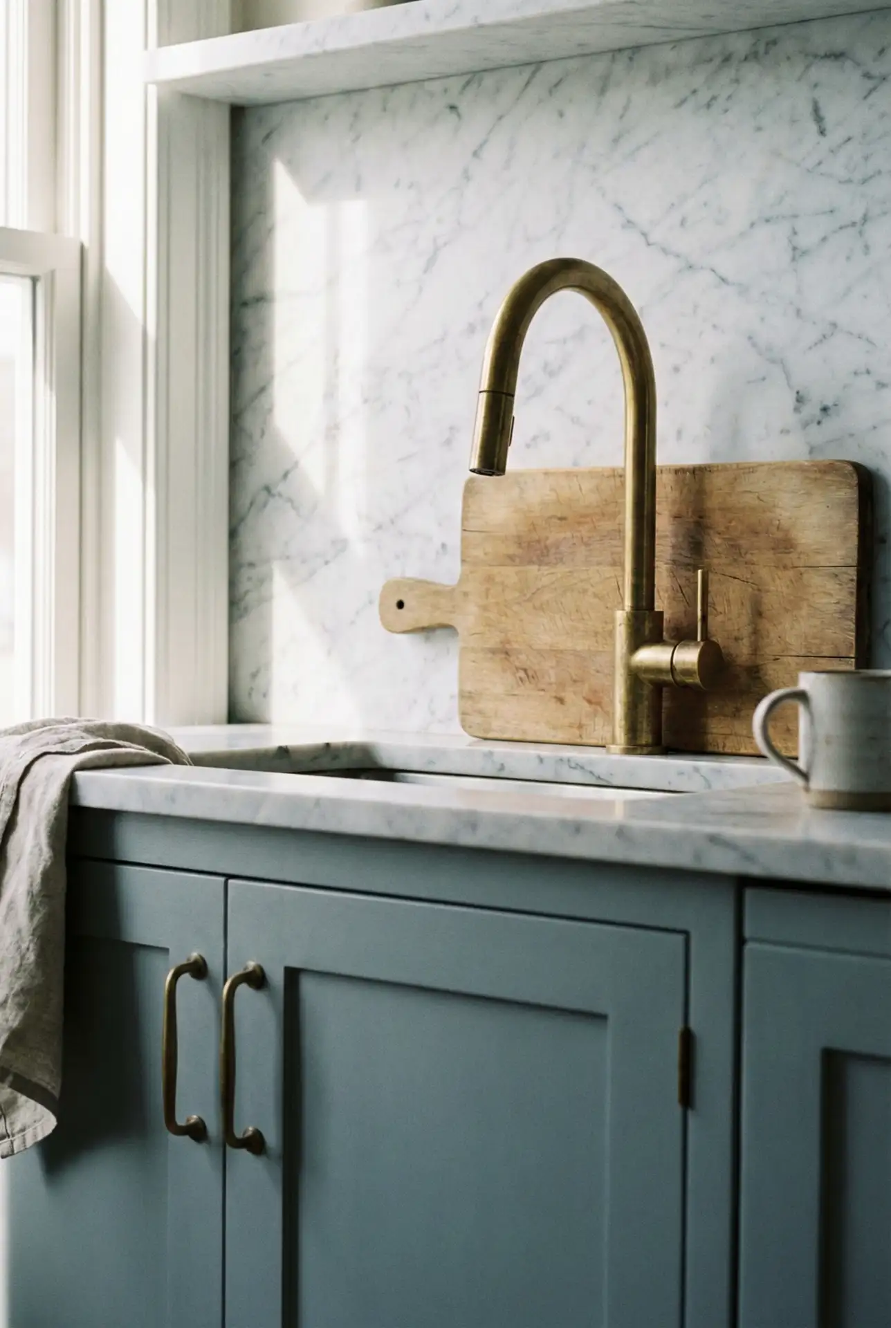 Blue-Grey Cabinets with Marble and Wood Accents 2