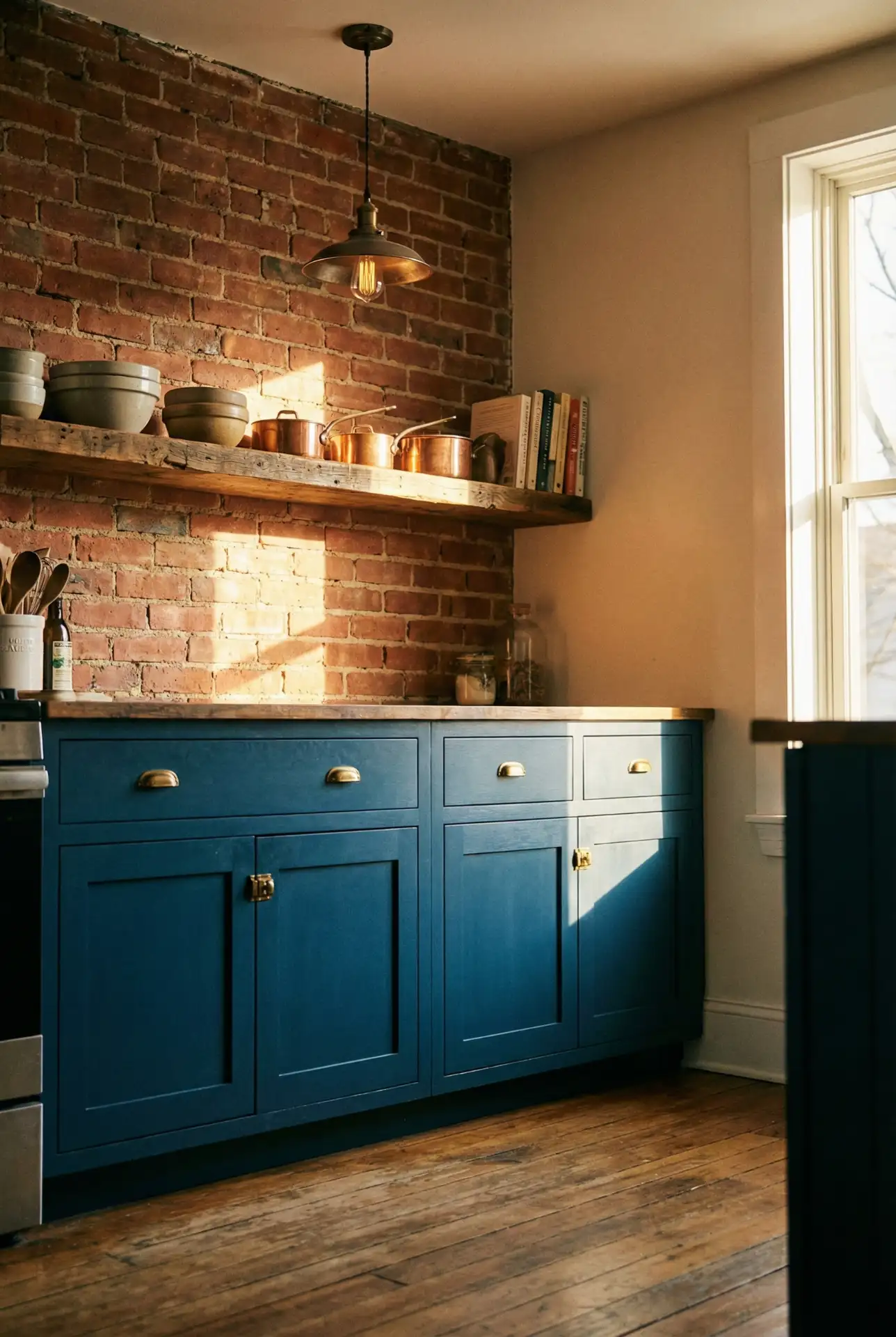 Blue Kitchen with Exposed Brick and Industrial Lighting 1