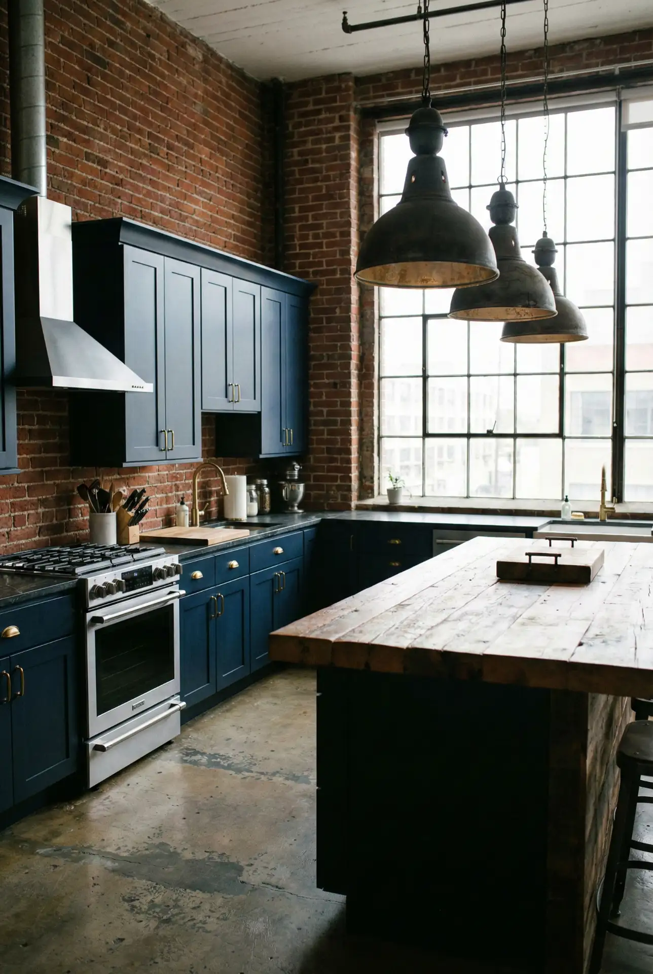 Blue Kitchen with Exposed Brick and Industrial Lighting 2