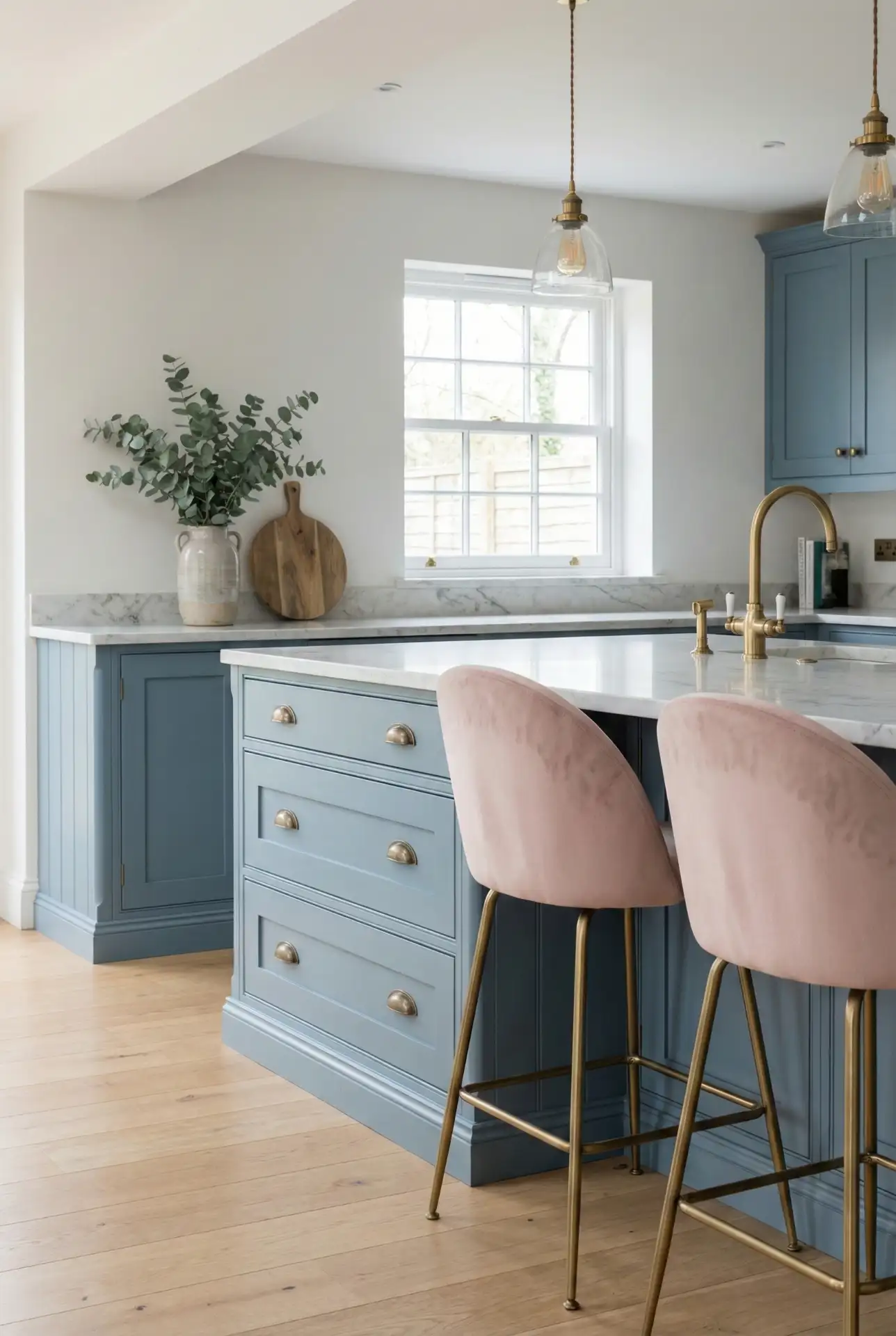 Blue Kitchen with Pink and Brass Details 1