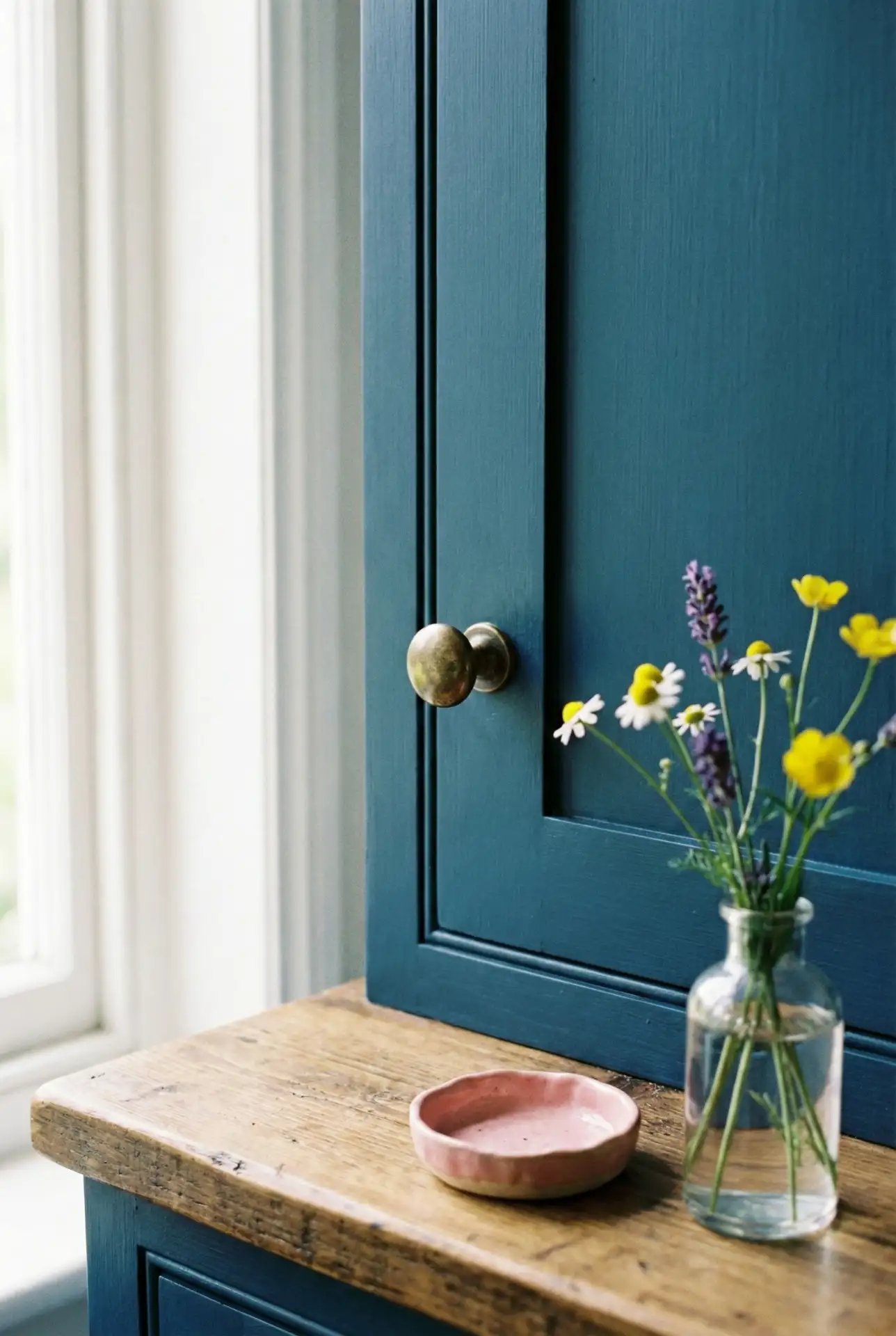Blue Kitchen with Pink and Brass Details 2