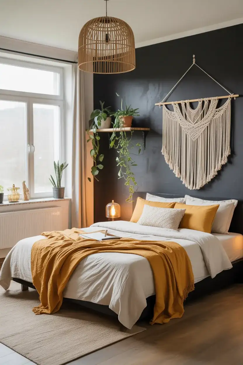 Boho Black Bedroom With Layered Textiles 1