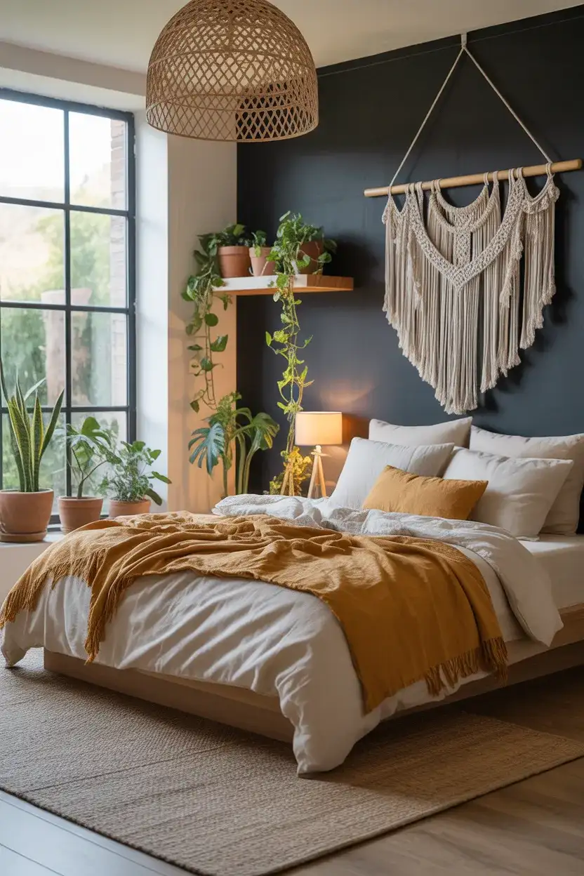 Boho Black Bedroom With Layered Textiles 2