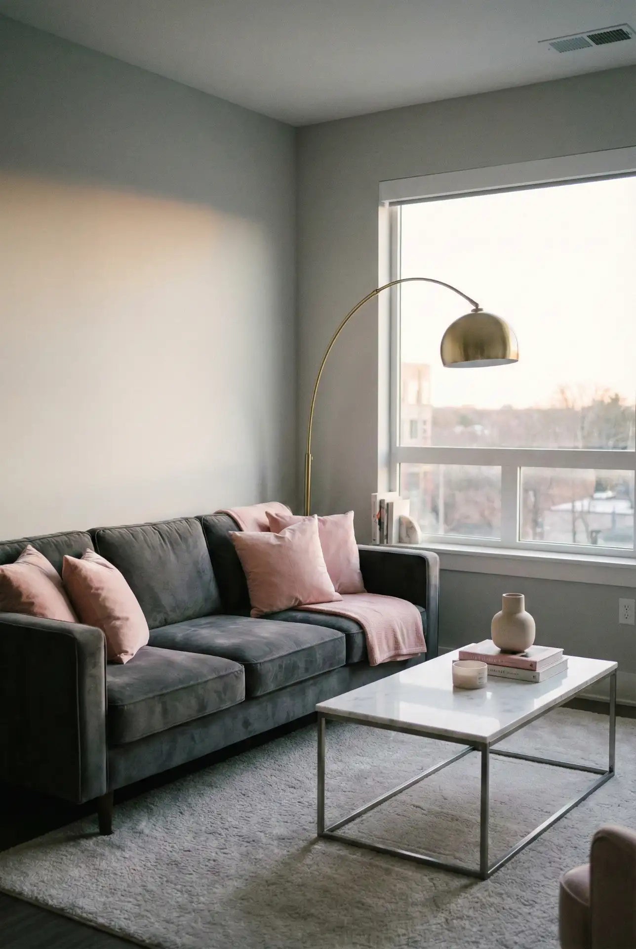 Charcoal Couch with Blush and Brass 1