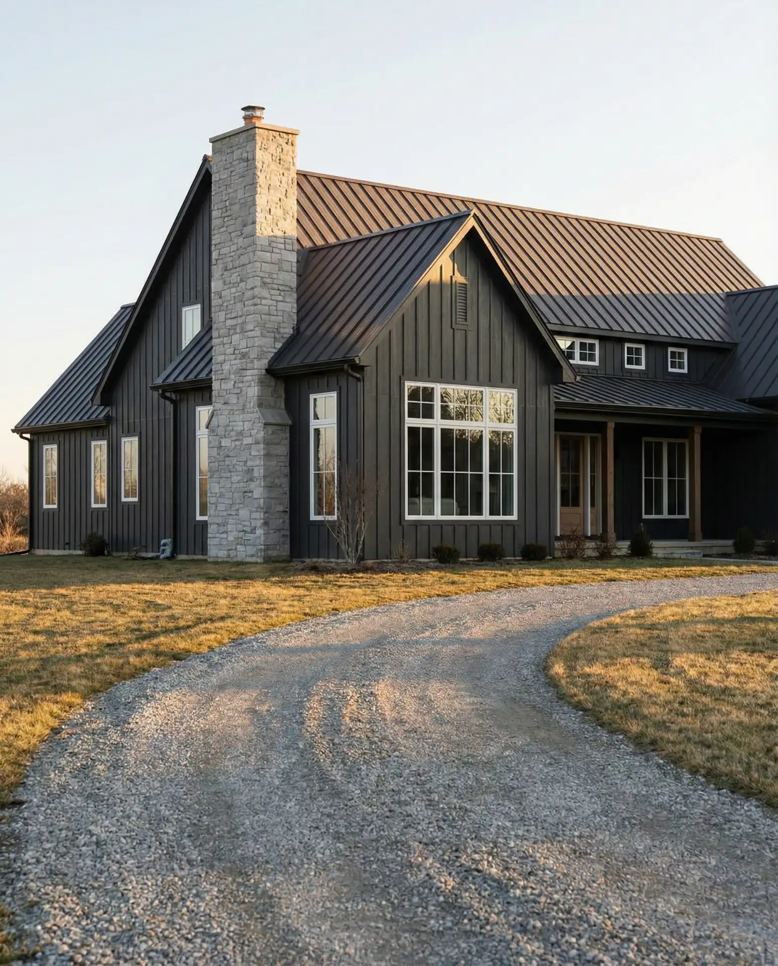 Charcoal Siding with White Stone Chimney 2