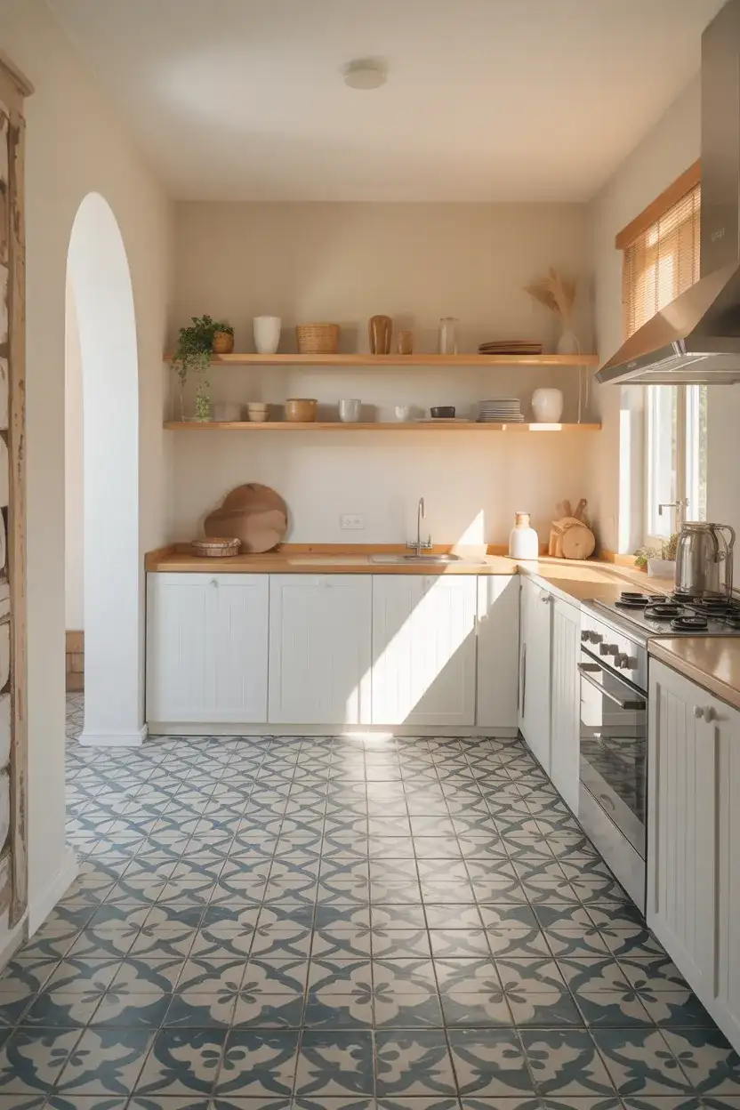 Coastal Kitchen with Patterned Cement Tile Floor 1