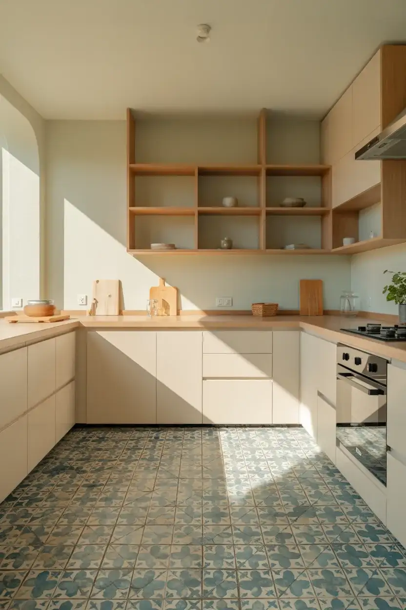 Coastal Kitchen with Patterned Cement Tile Floor 2