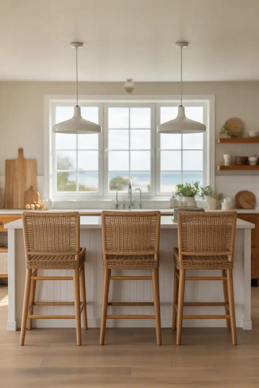 Coastal Kitchen with Rattan Bar Stools 1