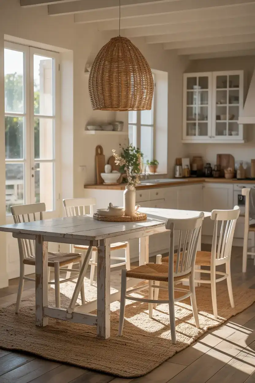 Coastal Kitchen with Woven Pendant and Wood Table 1