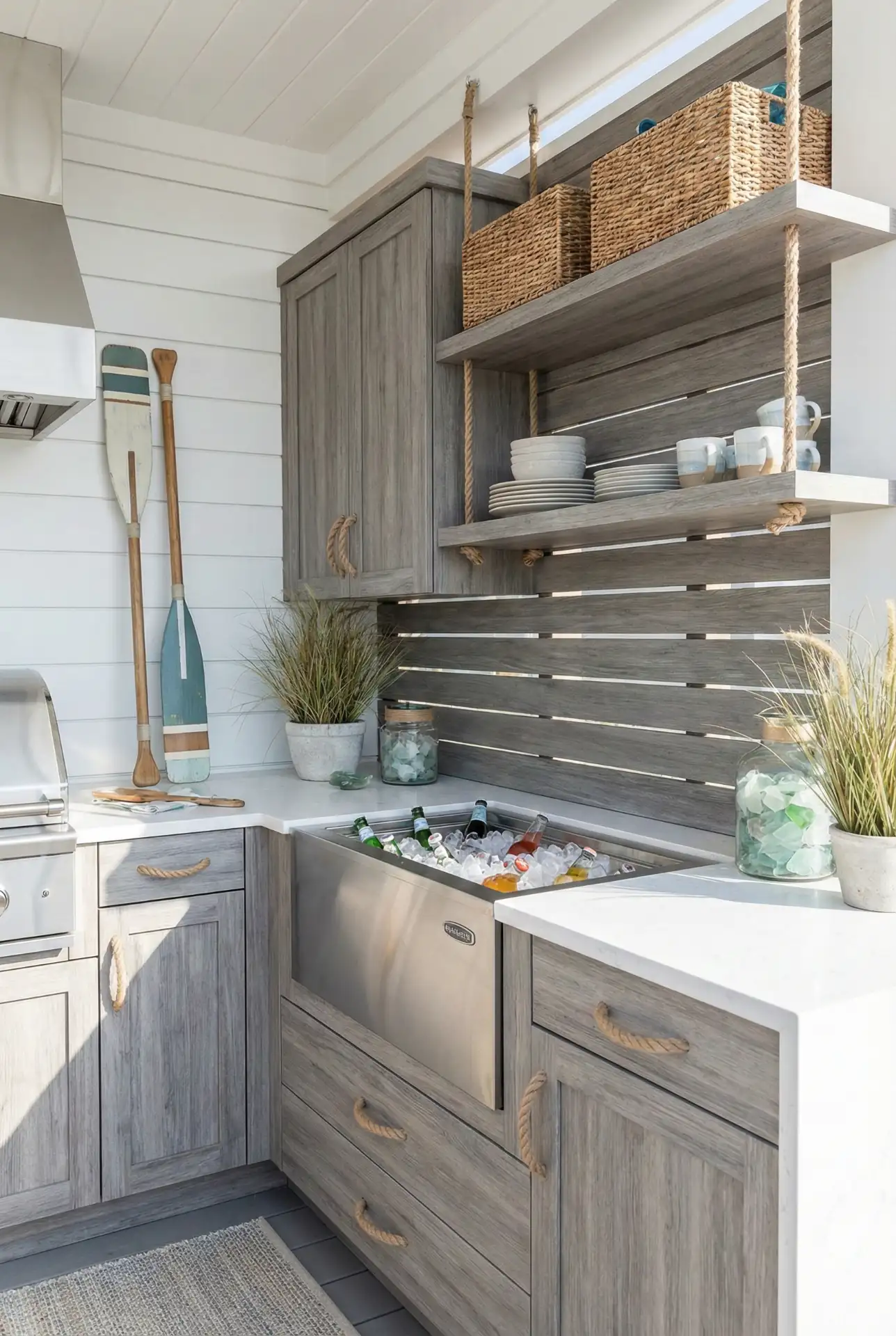 Coastal-Style Kitchen with Weathered Wood and Rope Details 1