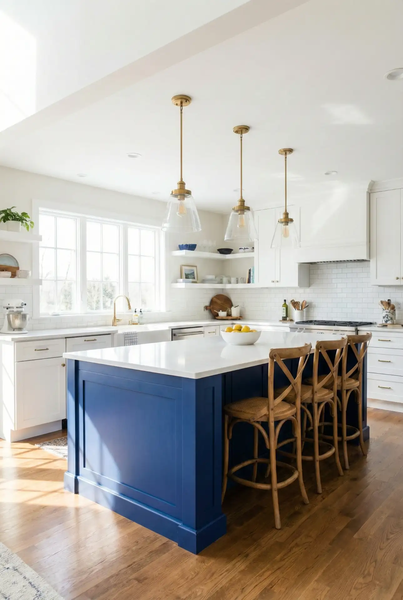 Cobalt Blue Island with White Perimeter Cabinets 1