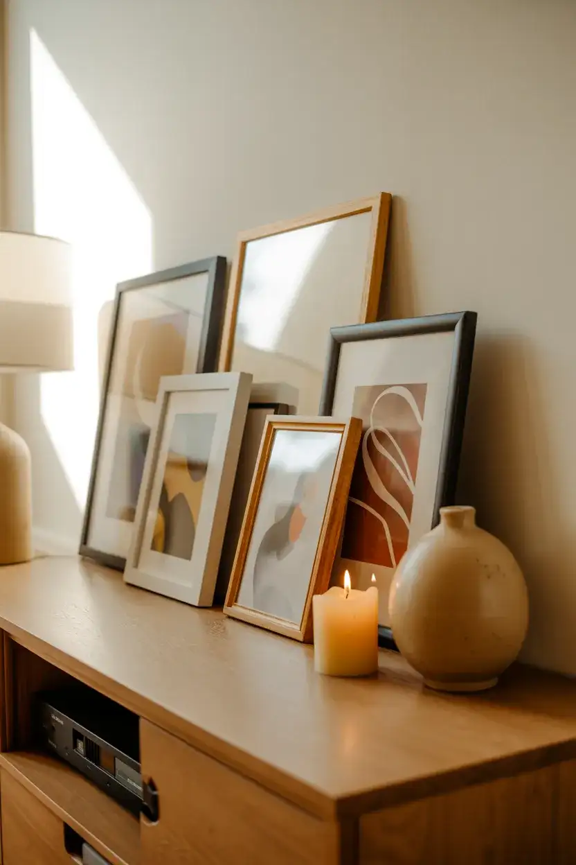 Console Styled With Picture Frames and Personal Art 1