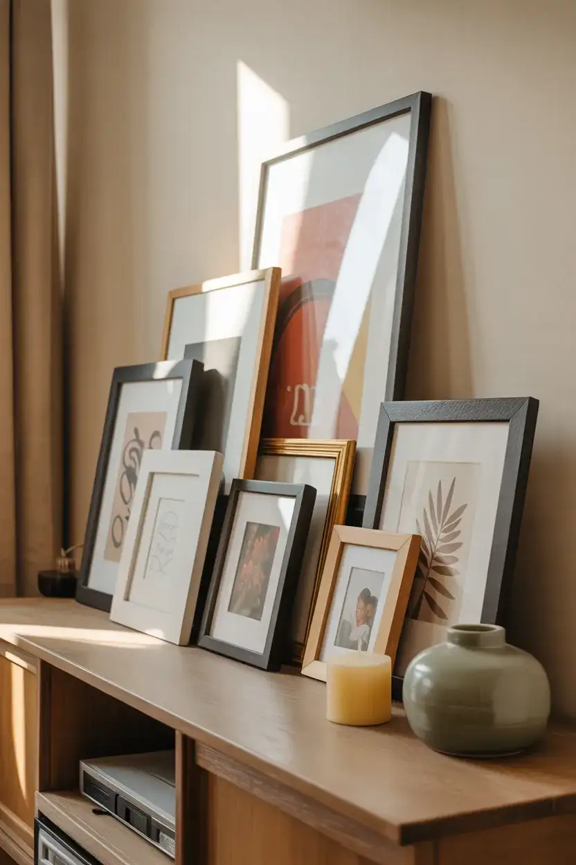 Console Styled With Picture Frames and Personal Art 2