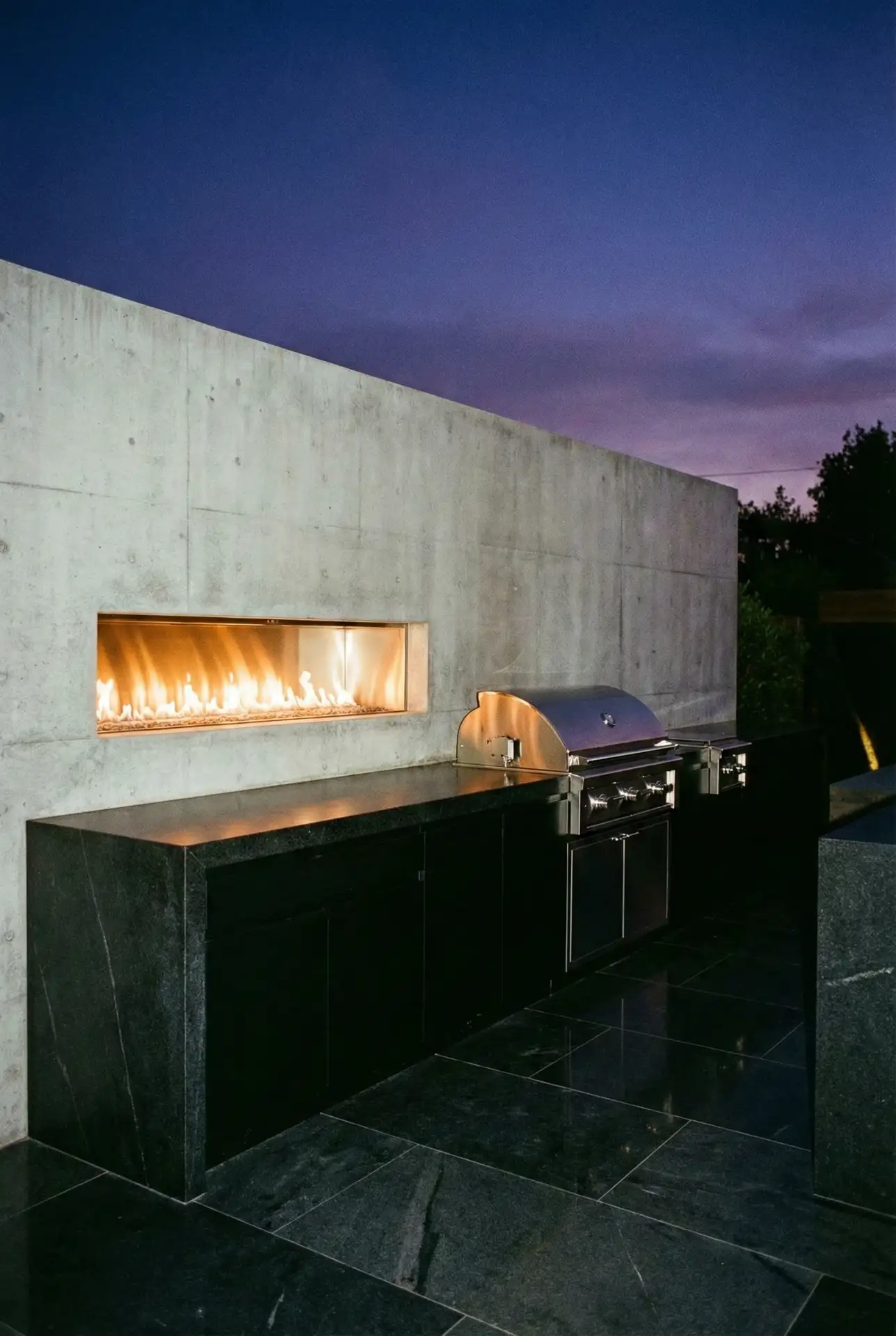 Contemporary Kitchen with Linear Gas Fireplace 1