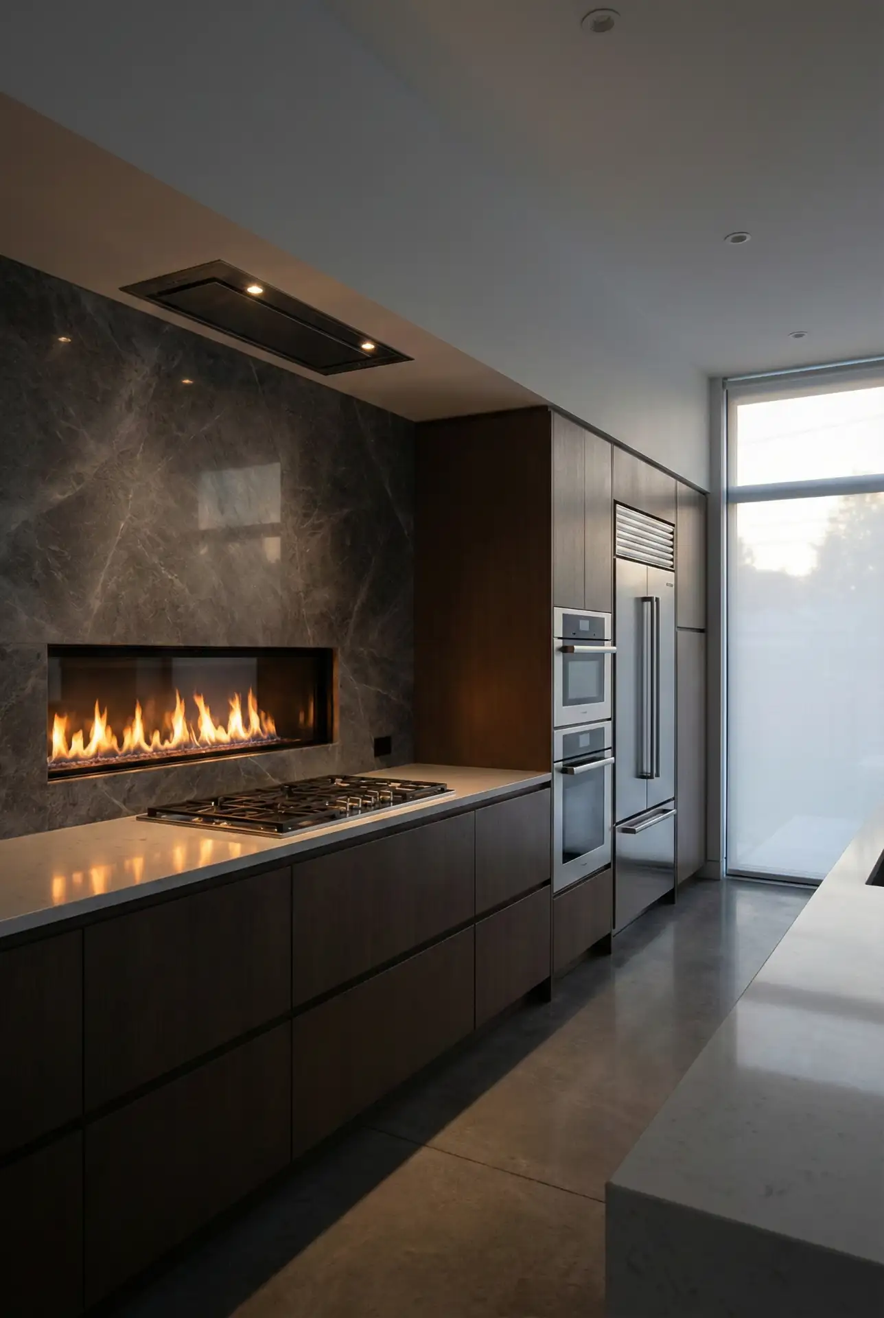 Contemporary Kitchen with Linear Gas Fireplace 2