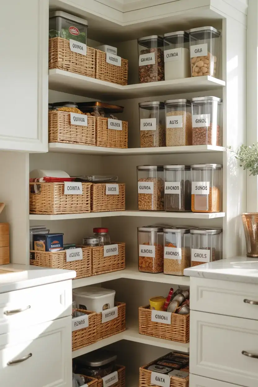 Corner Pantry with Labeled Bins and Baskets 1