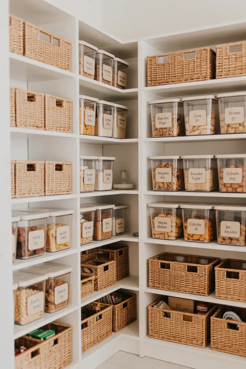Corner Pantry with Labeled Bins and Baskets 2
