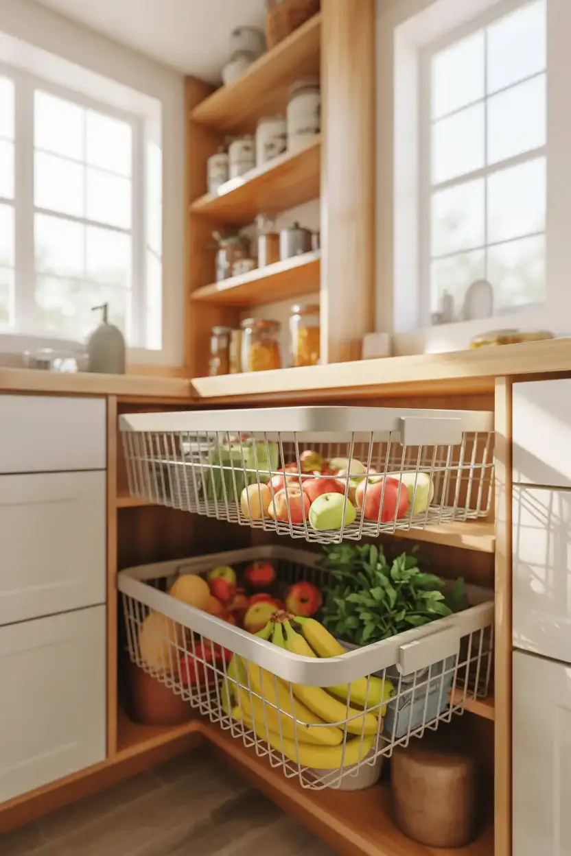 Corner Pantry with Mesh or Wire Baskets 1
