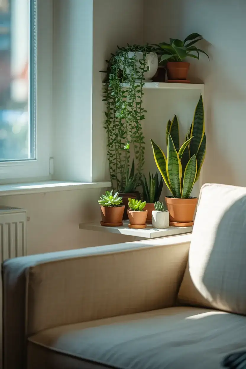 Corner Plant Shelf with Mixed Greenery 1