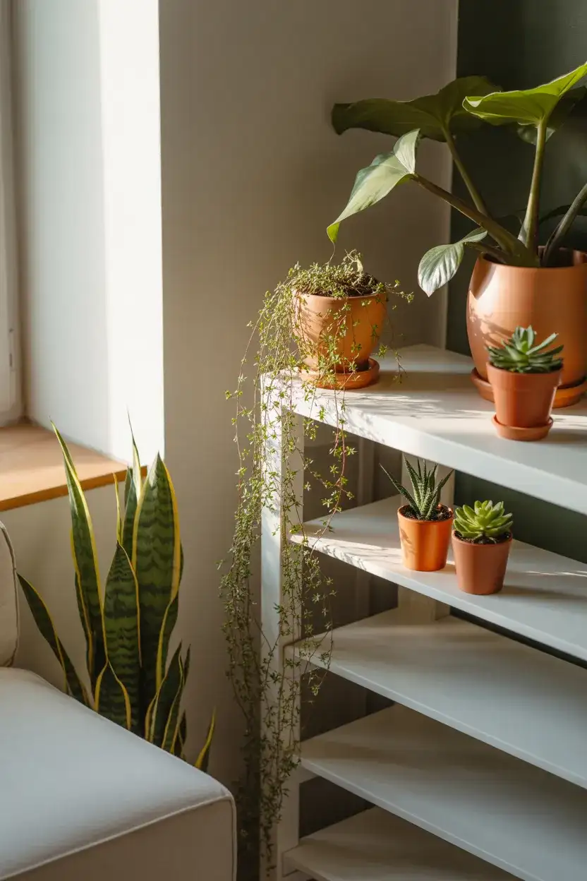 Corner Plant Shelf with Mixed Greenery 2
