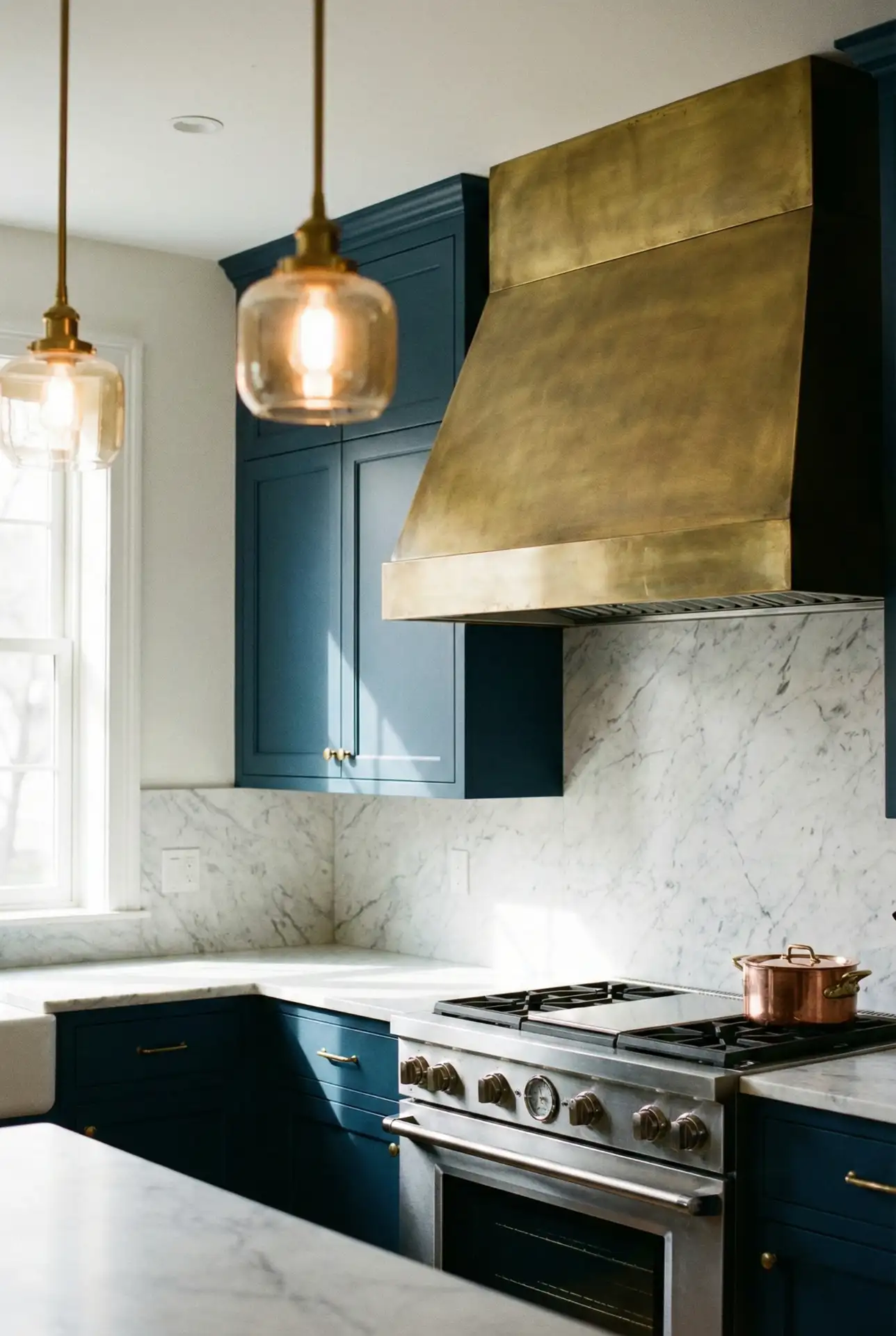Cornflower Blue Cabinets with Brass Range Hood 2