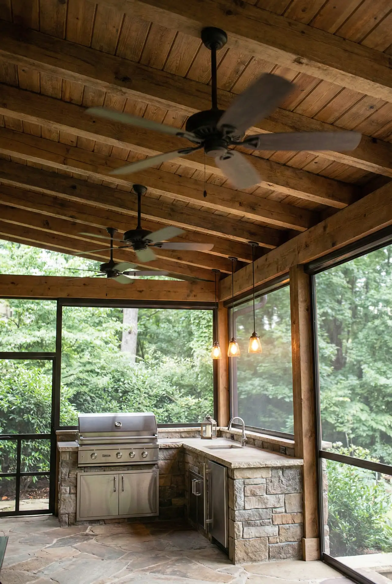 Covered Outdoor Kitchen with Ceiling Fans 1
