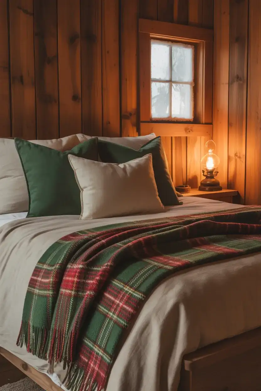 Cozy Cabin Bedroom with Plaid and Pine 1