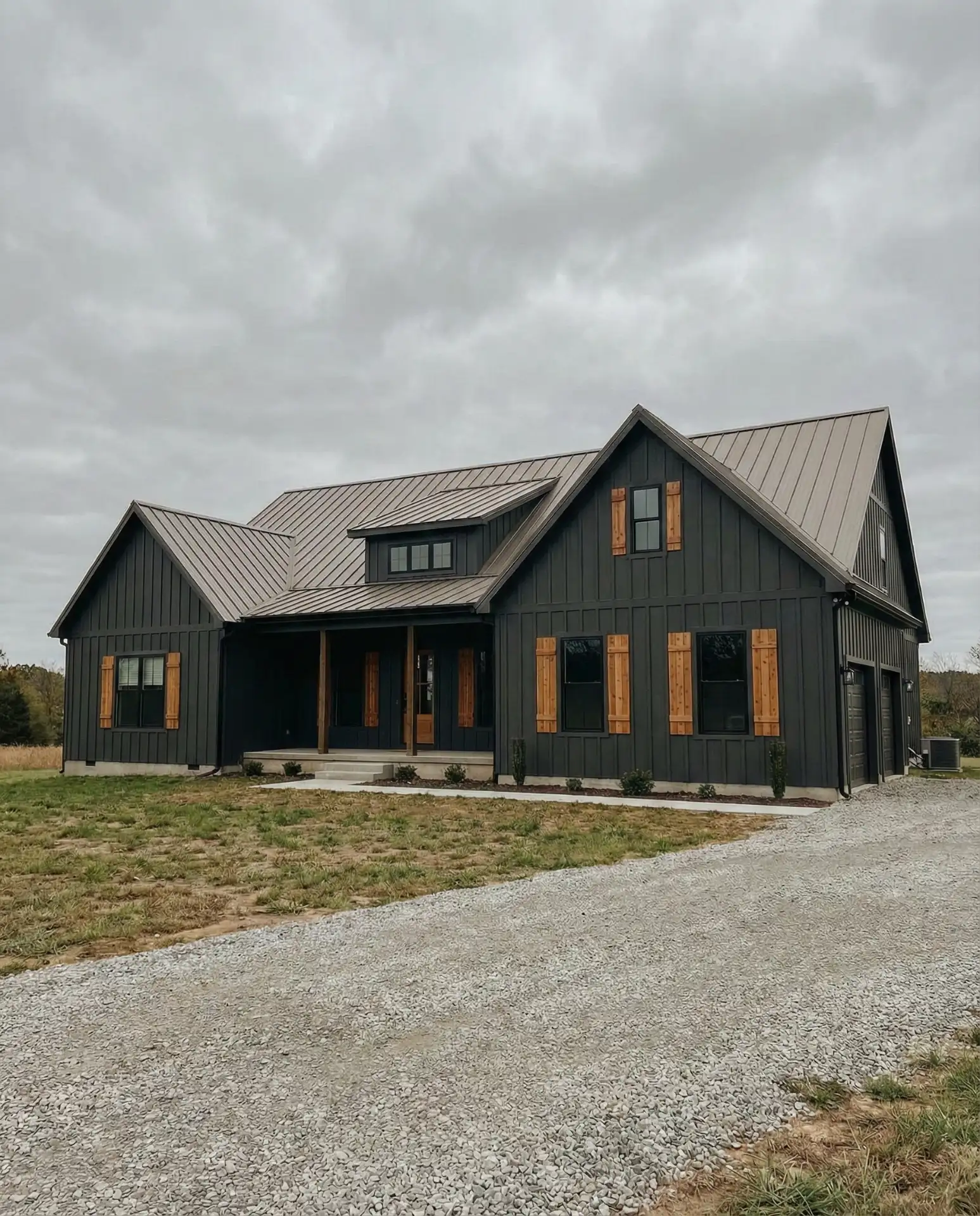 Dark Charcoal Siding with Warm Wood Shutters 1