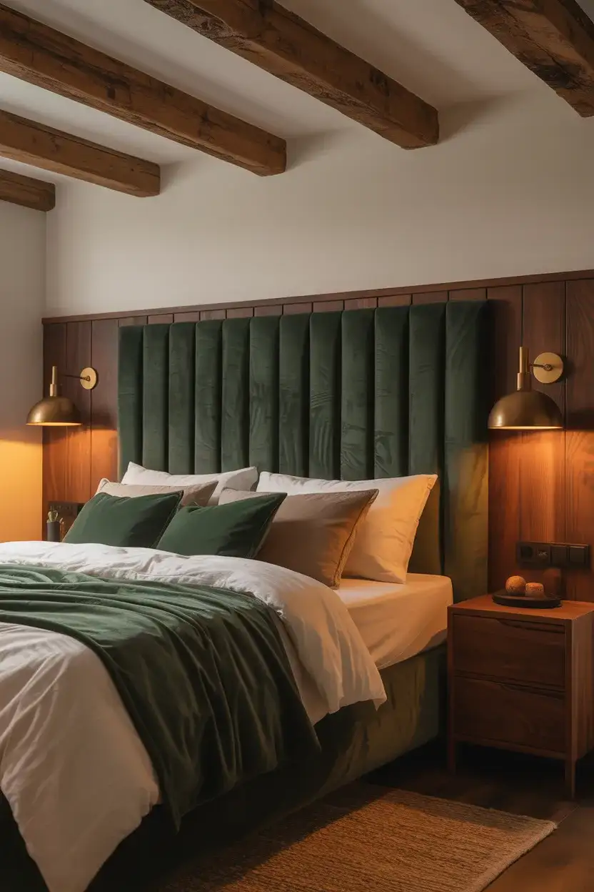 Dark Green Velvet and Rustic Wood Bedroom 1