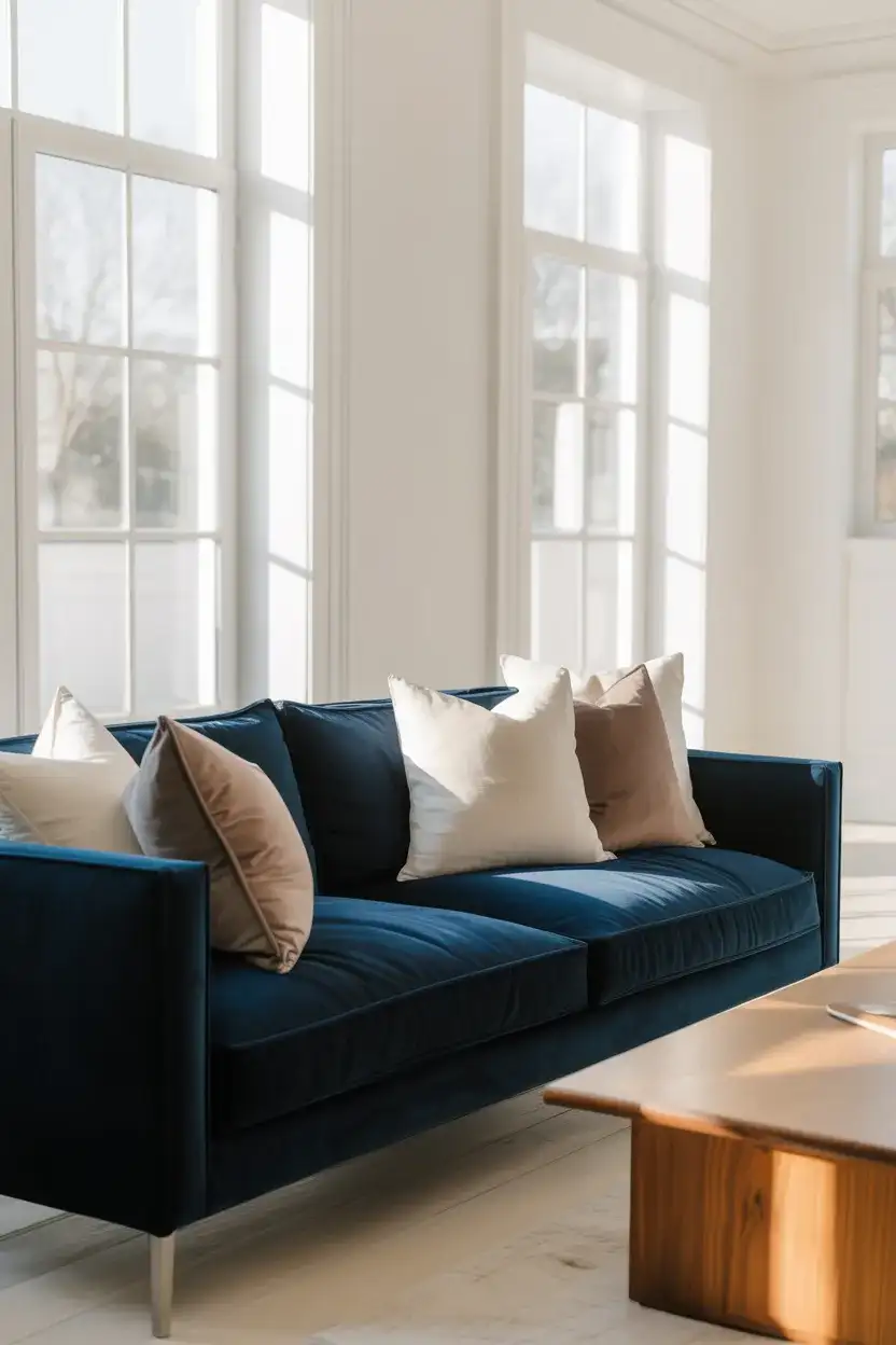 Dark Navy Velvet Sofa Against White Walls 1