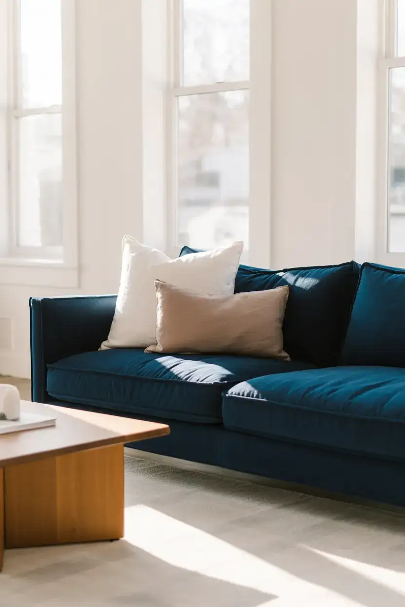 Dark Navy Velvet Sofa Against White Walls 2