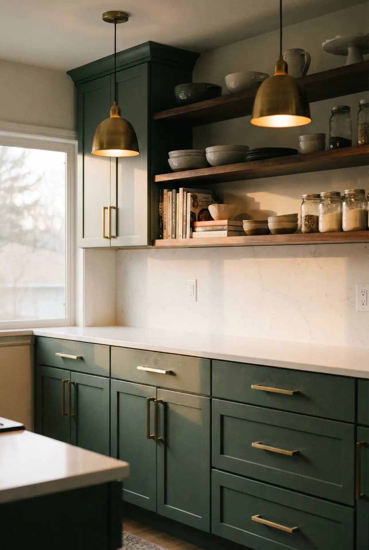 Dark Sage Green Cabinets with Gold Accents 2