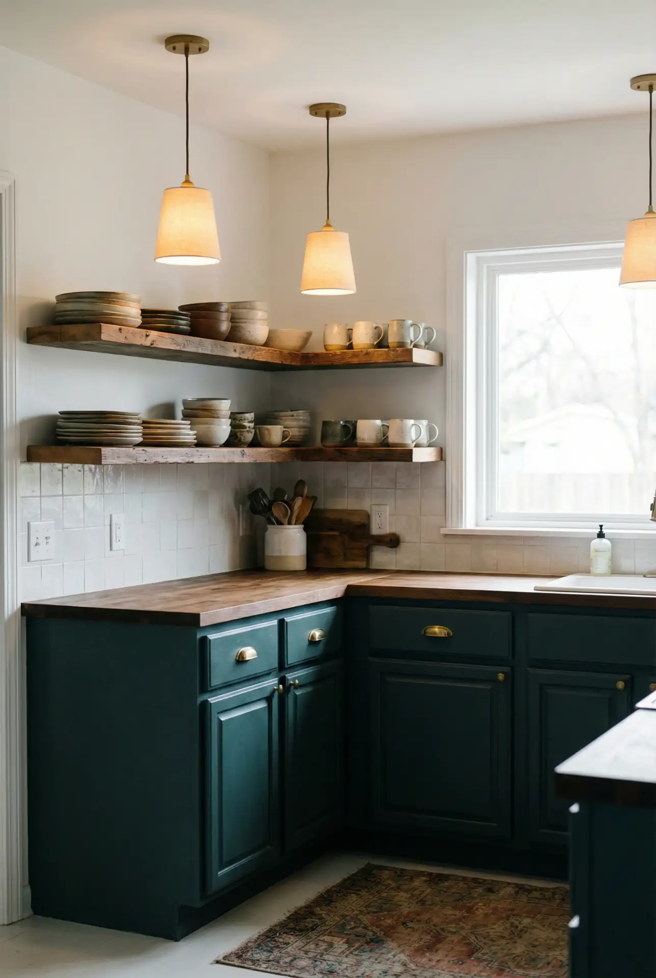 Dark Teal Lower Cabinets with Open Upper Shelves 1
