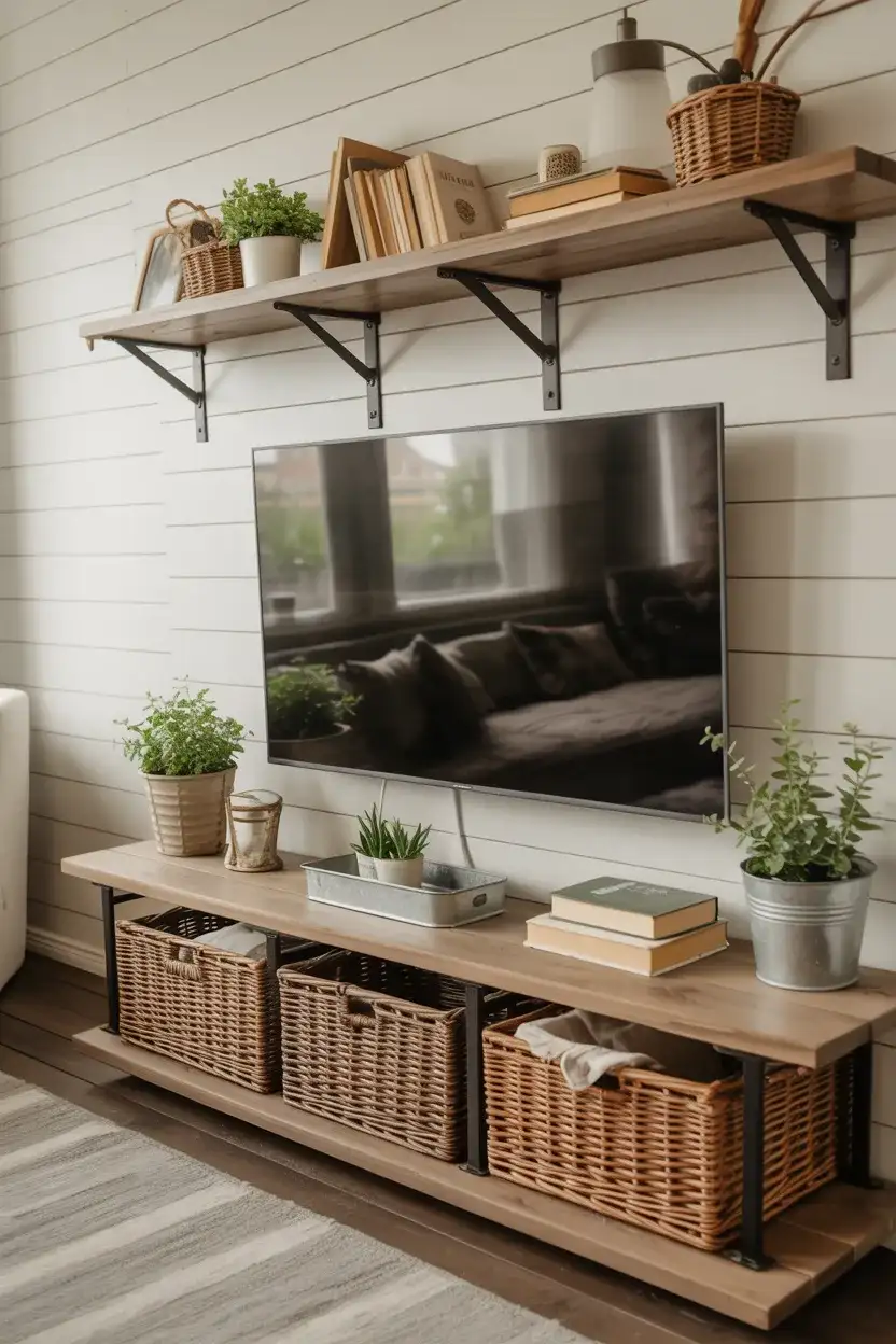 Decorating Shelves Around the TV in a Modern Farmhouse 1