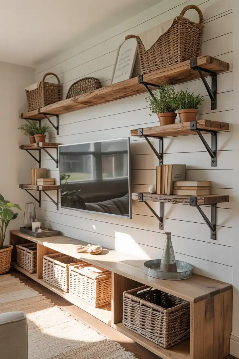 Decorating Shelves Around the TV in a Modern Farmhouse 2