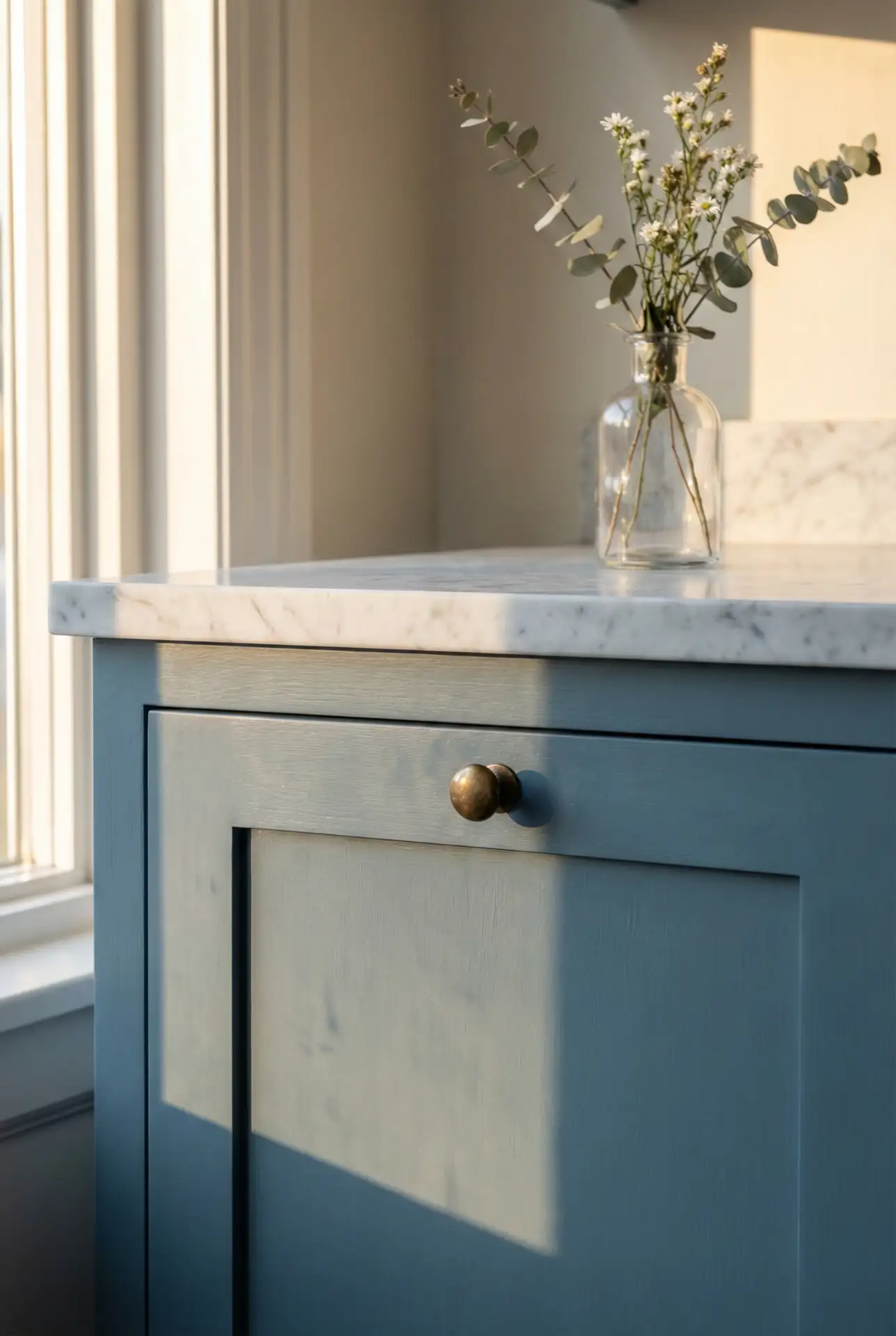 Dusty Blue Kitchen with Gold Fixtures 1