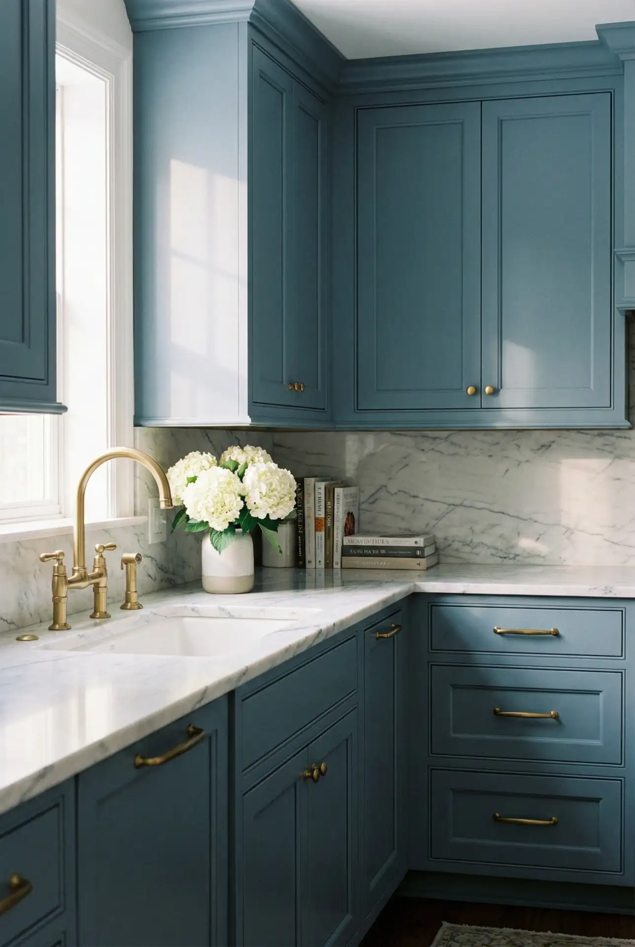 Dusty Blue Kitchen with Gold Fixtures 2