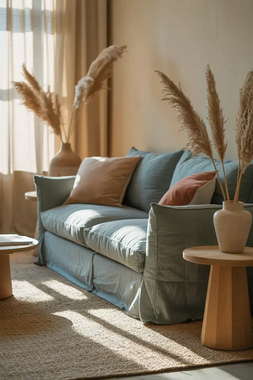 Dusty Blue and Beige Neutral Living Room 1