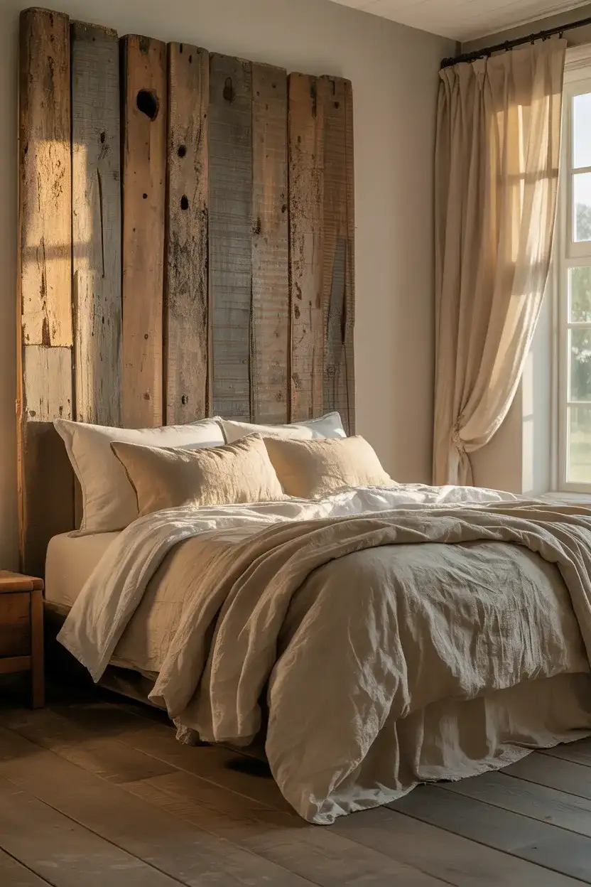 Farmhouse Bedroom with Linen and Reclaimed Wood 1