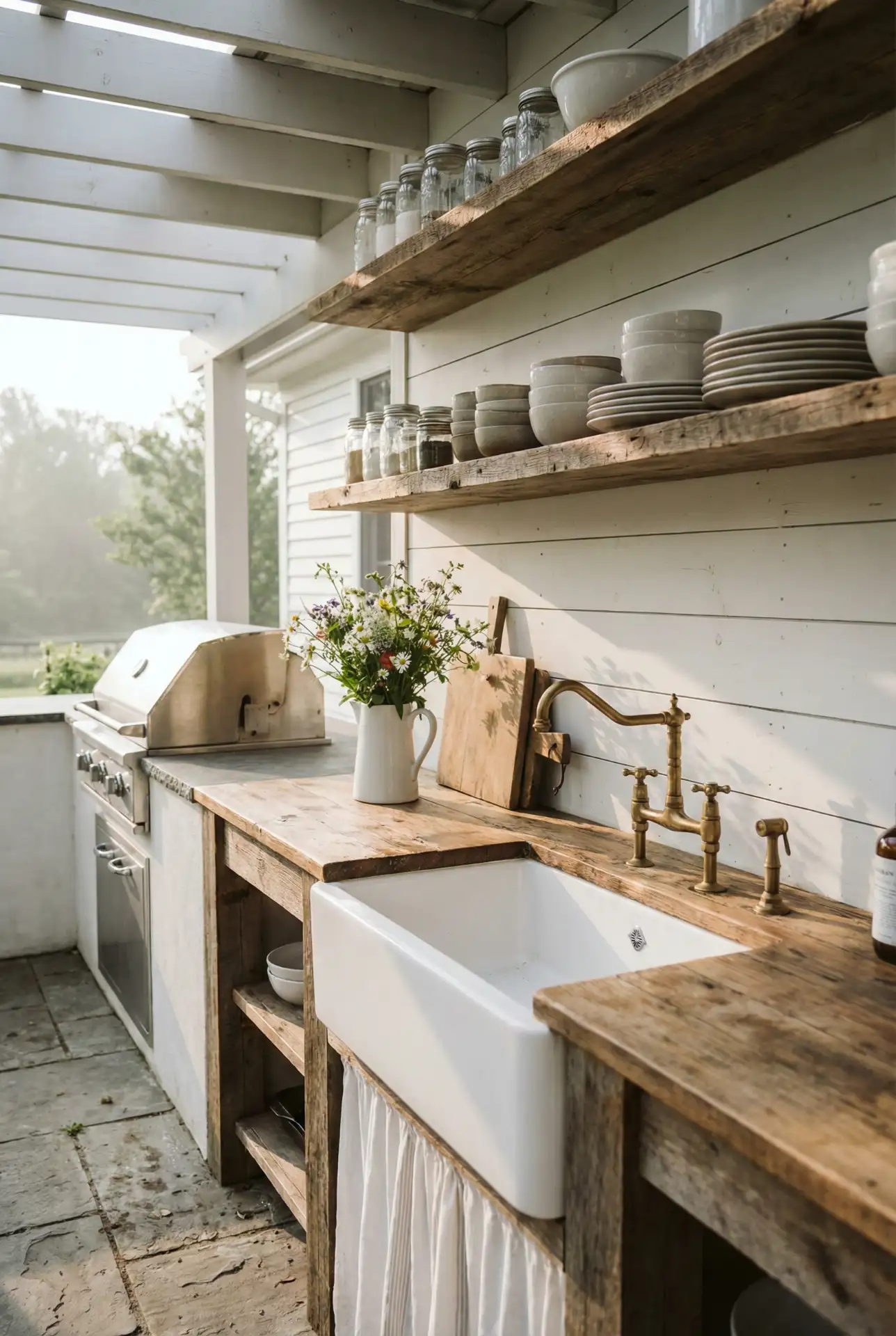 Farmhouse Kitchen with Apron Sink and Open Shelving 2