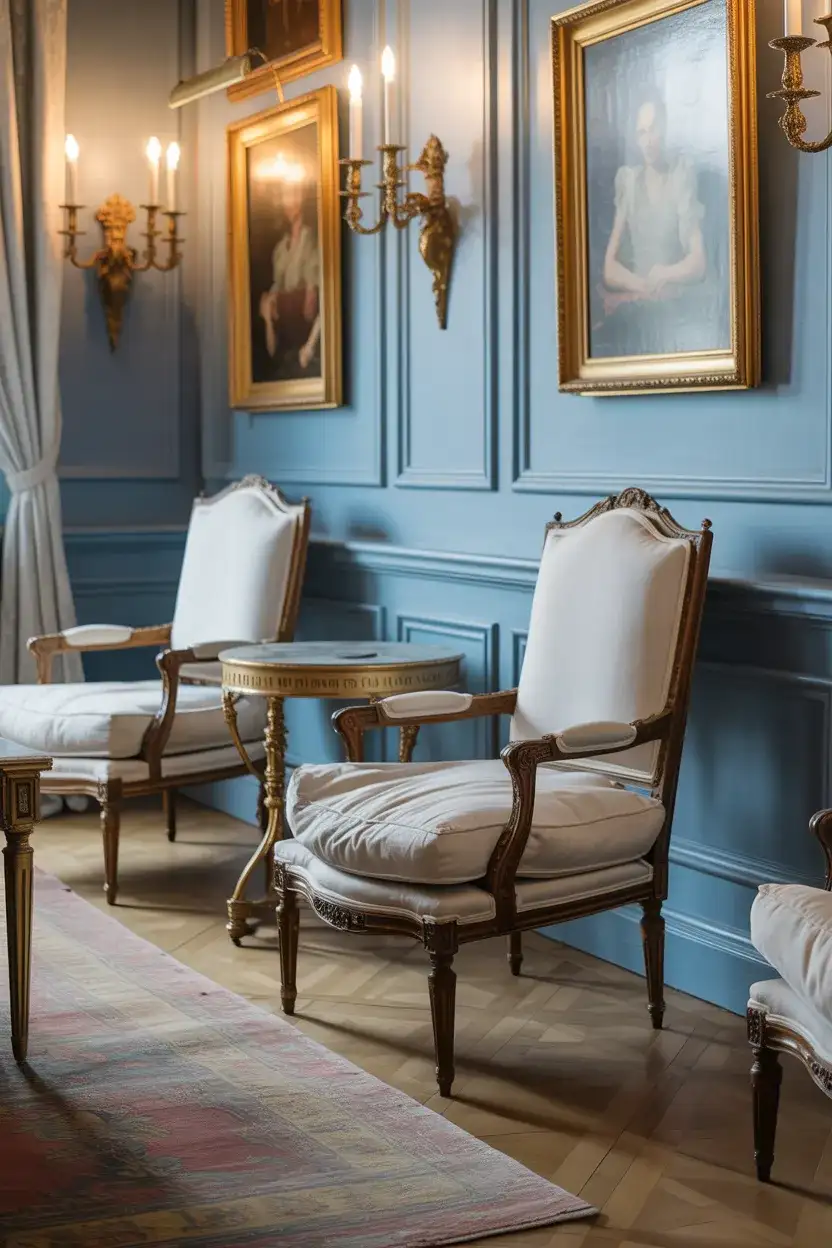 French Blue Living Room With Antique Touches 1